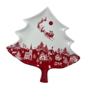 Transpac Christmas‎ Tree Plate Santa Sleigh Red Holiday Decor TREE SHAPE